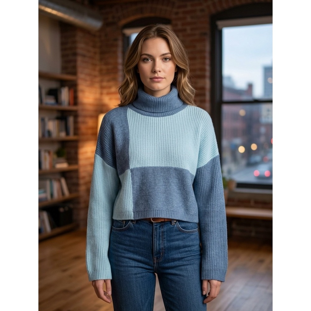 Wild Fable Sweater Womens Sz L Colorblock Blue Relaxed Cropped Turtleneck Preppy